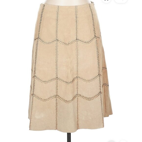 🤎 AREA Runway Patchwork Suede Crochet Skirt | Boho 70s Vintage Revival Size 10 - Picture 1 of 13